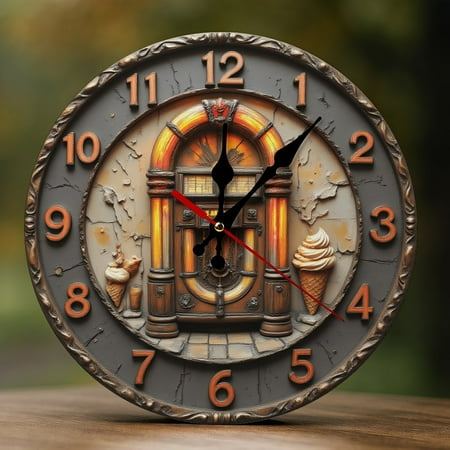 Wall Clock Decorative - Retro Brown Jukebox Print 2D Vintage Wall Clocks Battery Operated Silent Non-Ticking for Bedroom, Living Room, Kitchen, Office, Classroom, 10 Inch