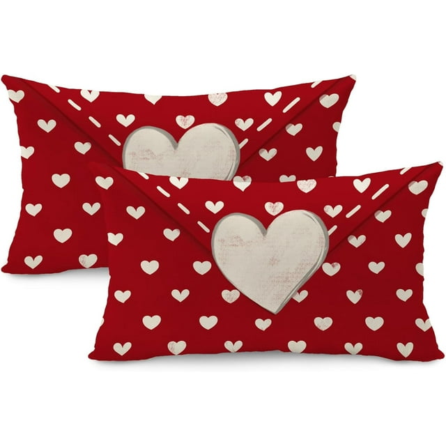Valentine''s Day Pillow Covers 12x20 Inch Set of 2 White Hearts Decor Red Throw Pillow Covers Valentine''s Day Cushion Case Decoration for Sofa Couch 53A