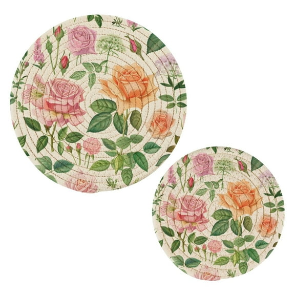 Botanical Rose Flower Pot Holders Set Trivets Hot Pads Cotton Mats for Cooking