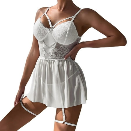 RUTAYY Women Mesh Stitching Lace Metal Chain Fashion Strap Suit 2pcs Underwear Lingerie Home Intimates Soft