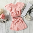 thumbnail image 2 of Odeerbi Baby Boy Girl Clothes Toddler Outfit 2025 Fashion Cute Solid Color Off Shoulder Ruffles Top Bow Shorts Suit Pink, 2 of 9