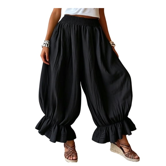 Quixlent Women Bloomers, High Elastic Waistband Wide Leg Trousers, Bohemian Ruffled Cuffs Super Loose Harem Pants for Casual Commuting Travel Wear