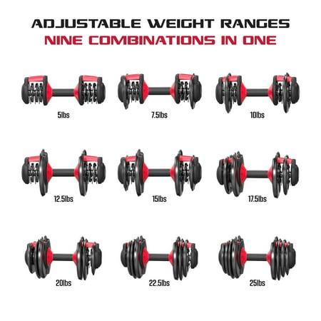 FitRx SmartBell 1 Pack, 25lbs. Quick-Select 9 in 1 Adjustable Dumbbell for Home Gym, 5-25lbs. Weight in 2.5lbs Increments