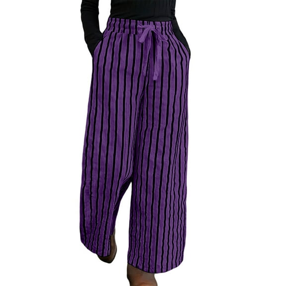 Rhuody Pants For Womens High Waist Loose Fit Linen Blend Striped Wide Leg Pants For And Relaxed Straight Leg Slacks Simple Wear Purple L