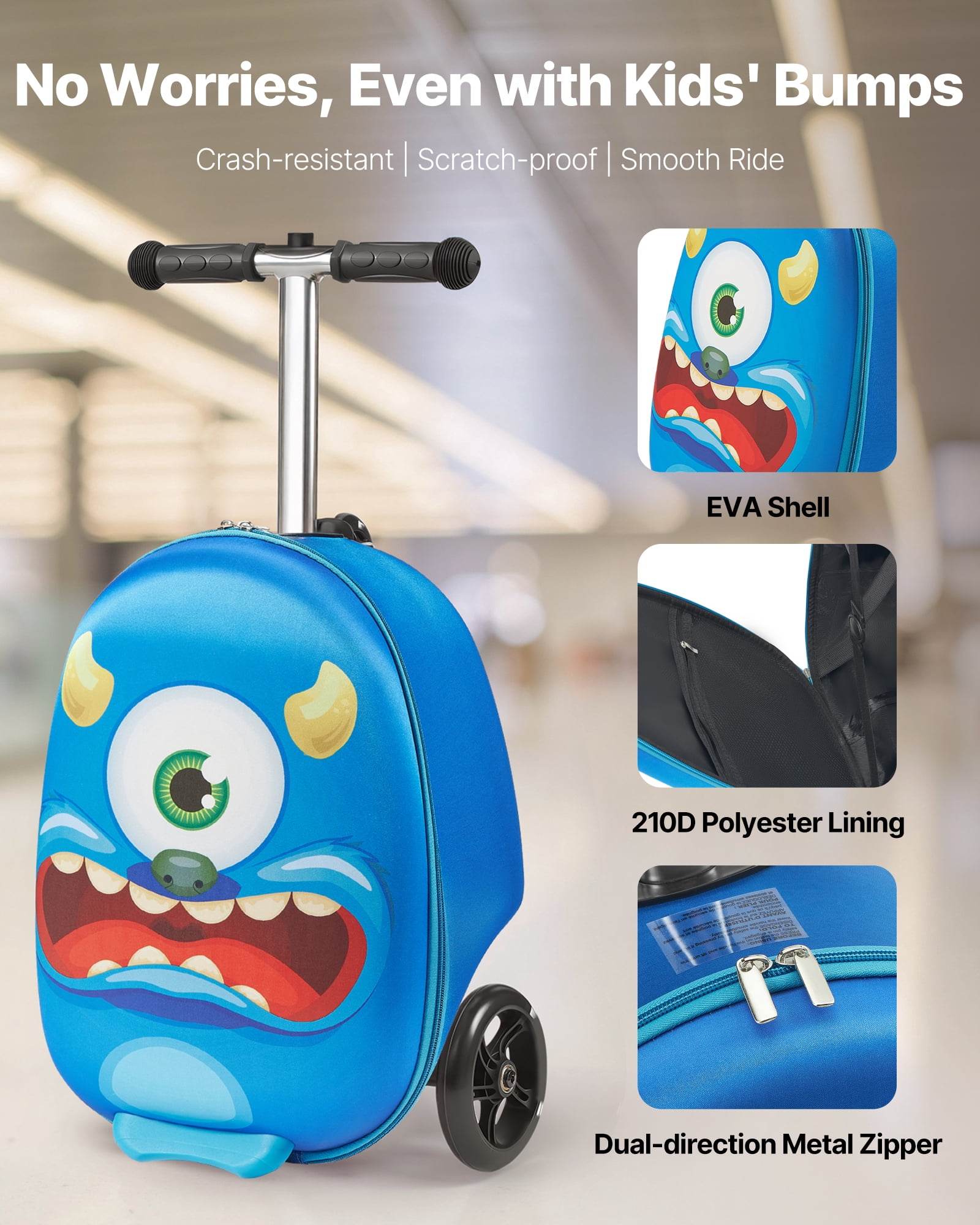 VEVOR Ride-on Luggage, 20 L Capacity, 20 Inches Kids Scooter Suitcase with Flash PU Wheels, Adjustable Handle & TPR Non-Slip Grip, Foldable & Lightweight Scooter Luggage for Kids Aged 5+, Blue