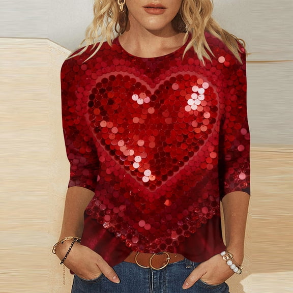 Xuyuer Valentine's Day 3/4 Sleeve Tee - Ladies' 3/4 Sleeve Printed T-Shirt for Romantic Date Nights, Love-Themed Photo Shoots, Unique Heart Pattern Statement Wear & Couples' Matching Style