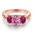 thumbnail image 3 of Gem Stone King 18K Rose Gold Plated Silver Pink Moissanite and Red Created Ruby Filigree Style 3 Stone Ring for Women (2.38 Cttw, Oval 8X6MM and 6X4MM, Available in Size 5, 6, 7, 8, 9), 3 of 6