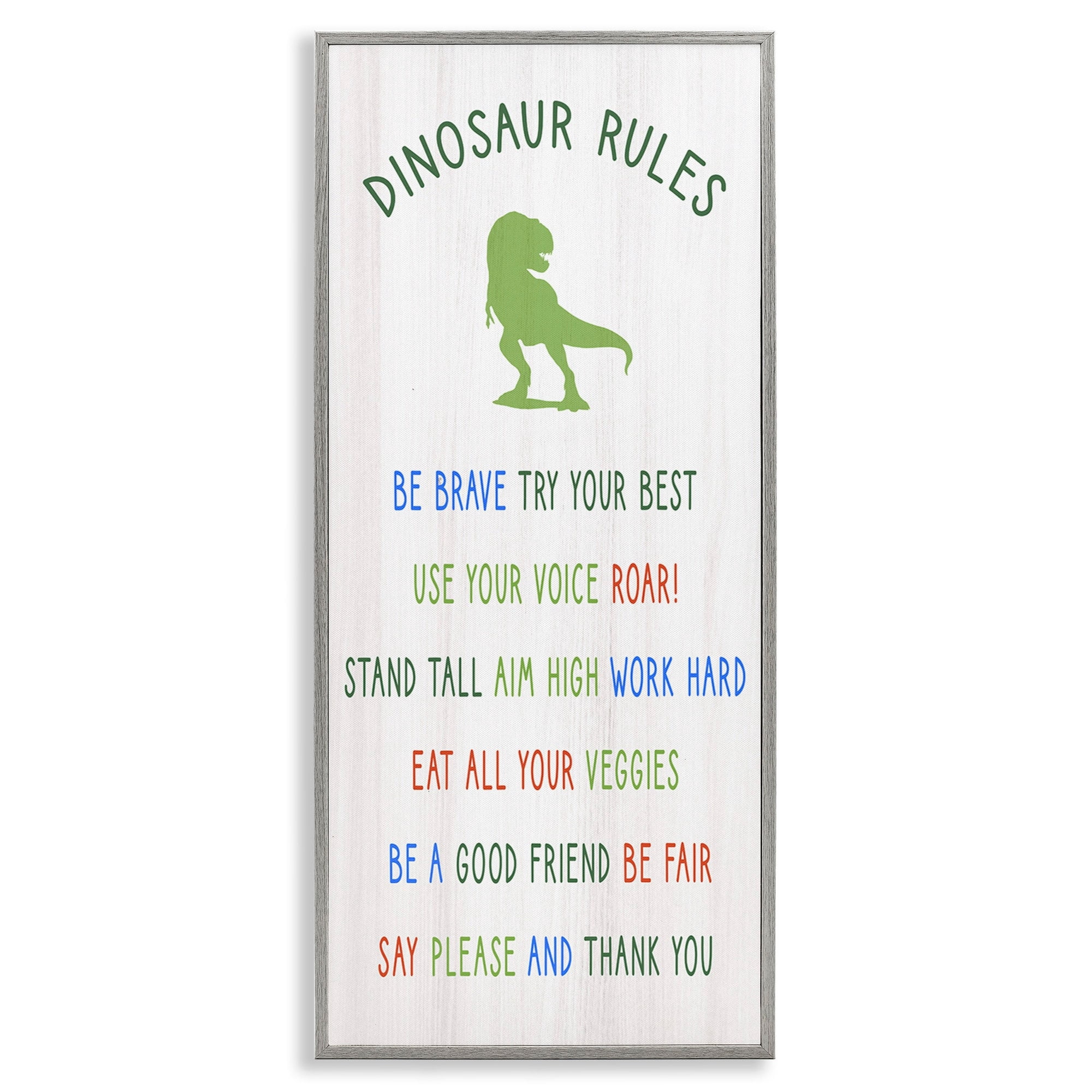 Stupell Industries Dinosaur Rules Listed Kids T-Rex Green Reptile Kids Painting Gray Framed Art Print Wall Art, 13 x 30, Design by Daphne Polselli