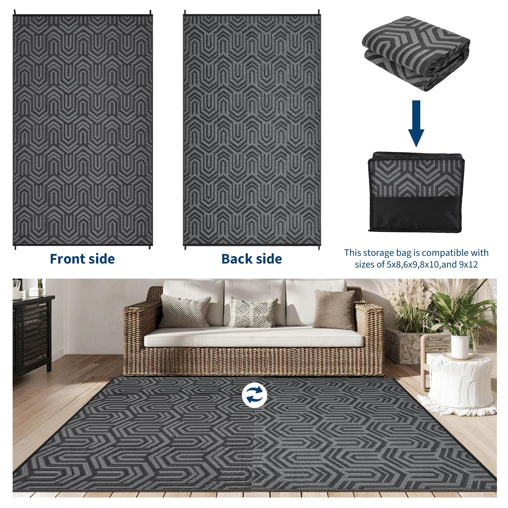 Garvee Waterproof Outdoor Rug 8x10ft Reversible Patio Rug, Plastic Straw Rug RV Camping Rug for Deck Balcony Porch Picnic Backyard, Black Gray