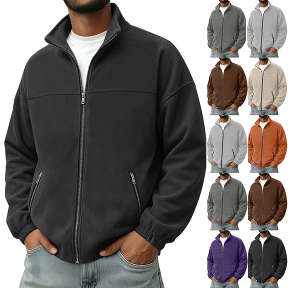 Tqyyweavej Men's Faux Suede Jackets Full Zip Solid Color Stand Collar Jacket Casual Long Sleeve Coat with Zip Pockets, Gifts for Men