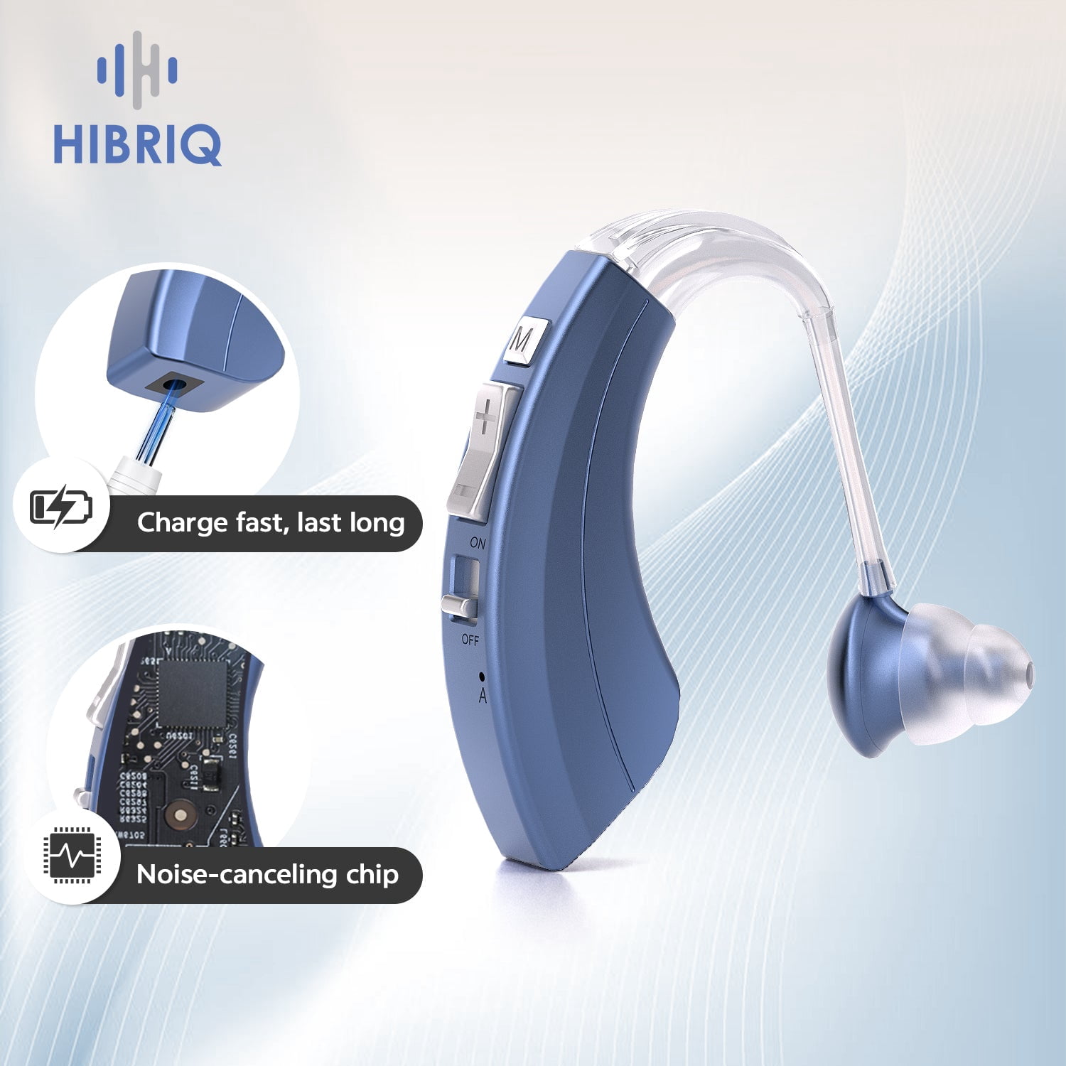 HIBRIQ Digital Hearing Aid for Seniors, Rechargeable Sound Device For Hearing Loss, Clear Sound, Single, Blue