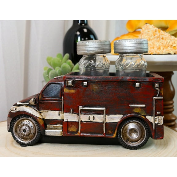 Vintage Red Fire Truck Engine Figurine Holder For Glass Salt and Pepper Shakers