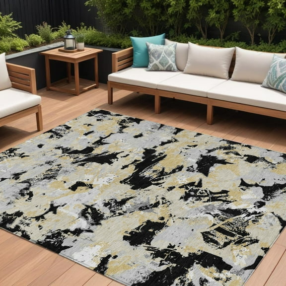 HomeRoots 592164 8 x 10 ft. Black, Gray & Light Brown Floral Washable Indoor & Outdoor Rectangle Area Rug