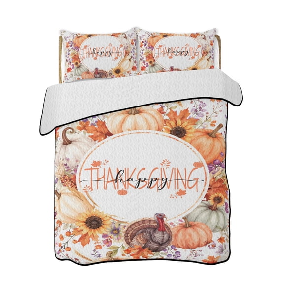 Quilts Queen Size Bedding Set, Happy Thanksgiving Fall Reversible Summer Quilt 3 Pieces, Pumpkins Autumn Leaves Botanical Lightweight Bedspreads Coverlets with 2 Pillow Shams for All Seasons