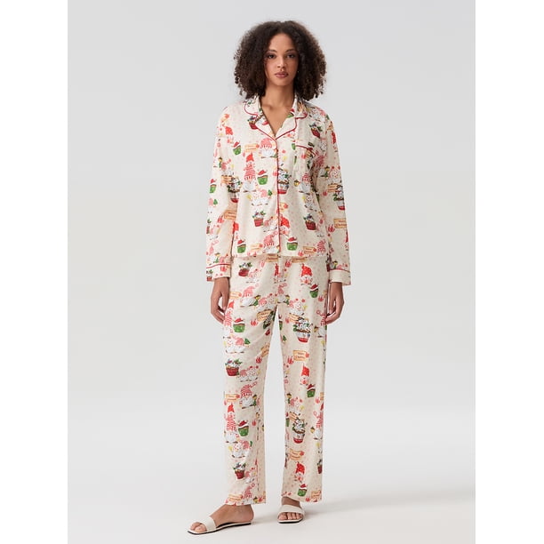 Conjunto de 2 piezas para estar en casa para Navidad 2025 para mujer, camisa de manga larga con estampado de muñeco de nieve, pantalones de pierna ancha, conjuntos de ropa de dormir