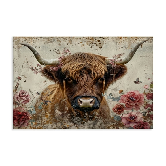 Stupell Industries Highland Cow in Spring Animals Painting Wrapped Canvas Art Print Wall Art, 24 x 16