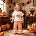 thumbnail image 2 of HCNTES Baby Girl Clothes Toddler Baby Girl Halloween Clothes 6 12 18 24 Month 2T 3T 4T Letters Pumpkin Embroidery Ruffled Trim Crew Neck Short Sleeve Tops and Plaid Gingham Pants 2 Pcs Outfit Set, 2 of 9