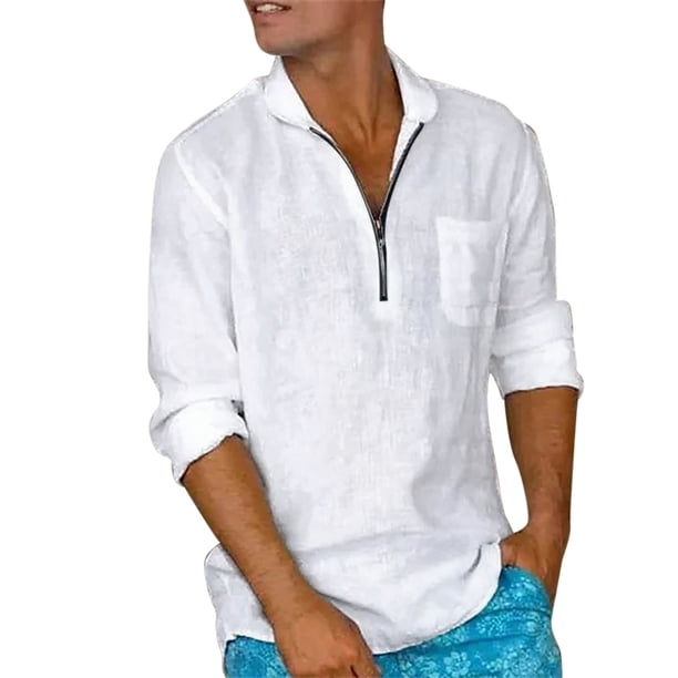 Camisas Para Hombre Manga Larga Regular Fit Camisa holgada de talla grande informal sólida de lino y algodón para hombre, camisa de manga larga con cremallera y cuello levantado para (White, XL)