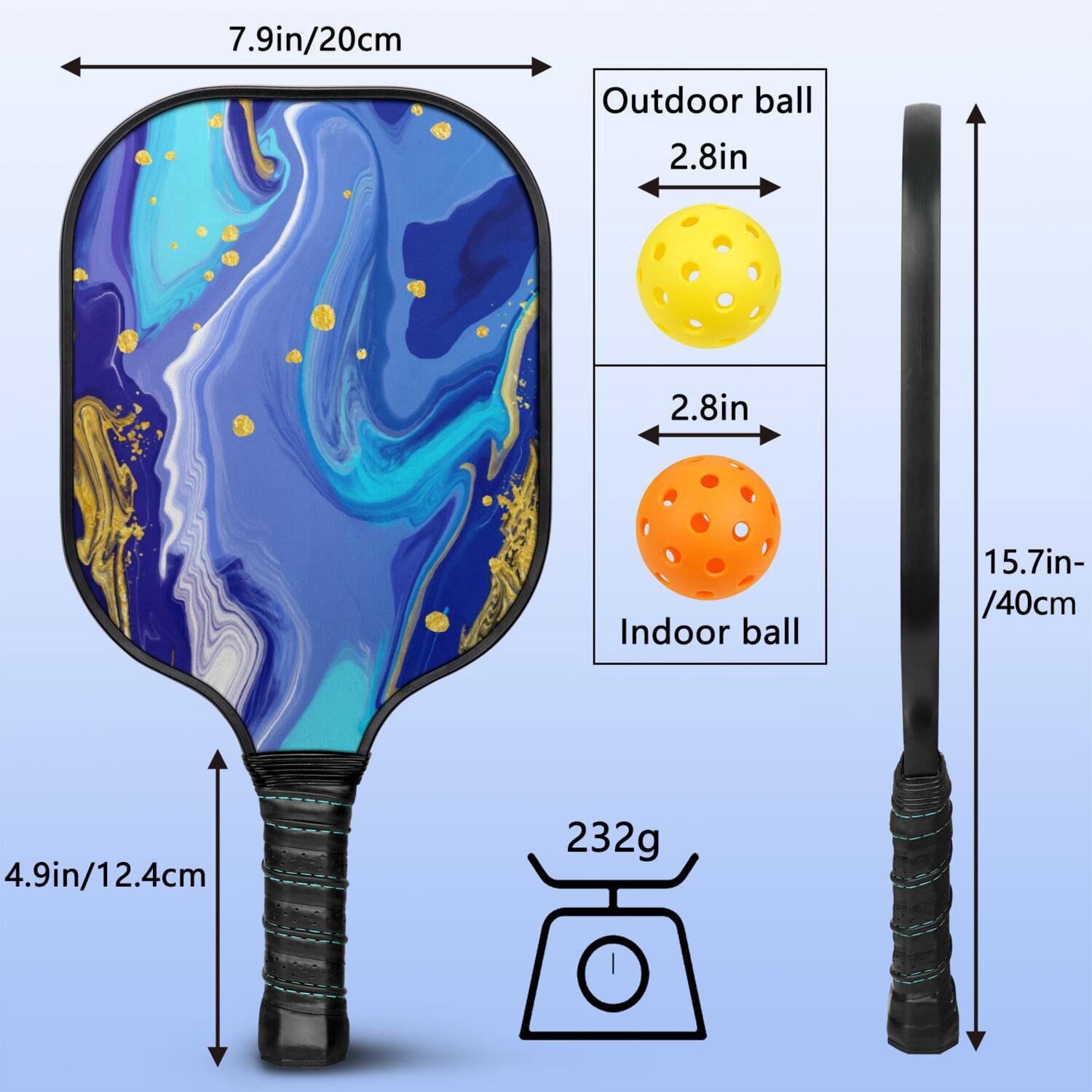 Pickleball Paddles Set Of 1, Fiberglass Surface, Liquid & Marble Print, 1 Paddles, 2 Balls & Bag