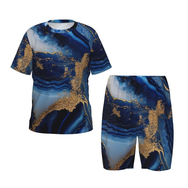 Balery Navy Blue Marble Conjunto de Pijama Infantil de Manga Corta con Estampado – Ropa de Dormir de Algodón Suave-Large