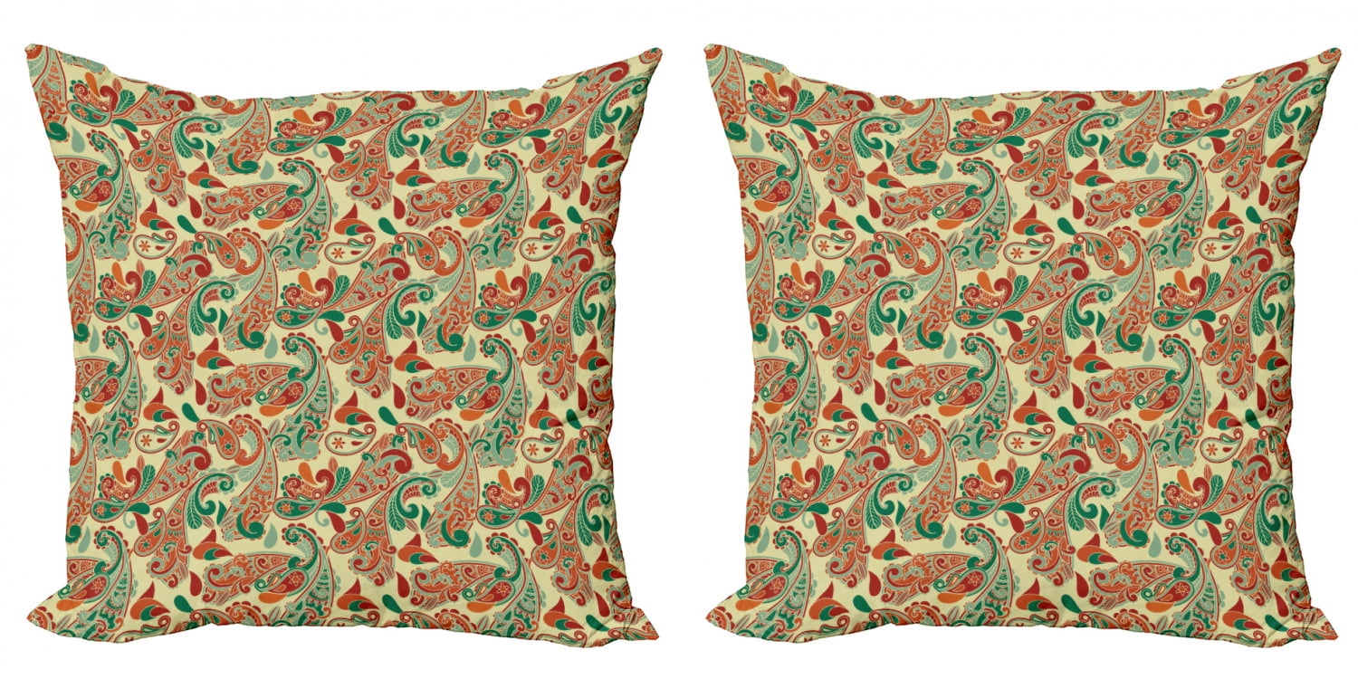 Ethnic Throw Pillow Cushion Cover Pack of 2, Paisley Leaves with Folk Culture Effects Bohemian