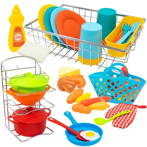 Pots and Pans Playset, Play Dishes Drying Rack, Shopping Basket & Toy Food 45pc Set