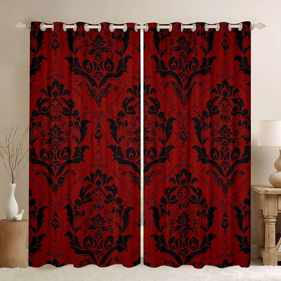 jejeloiu Rustic Victorian Floral Blackout Curtains Set of 2 (52x84 Each),Boho Exotic Style Window Curtains,Red Black Damask Jacquard Curtains and Drapes For Adult,Luxury Bedroom Decor