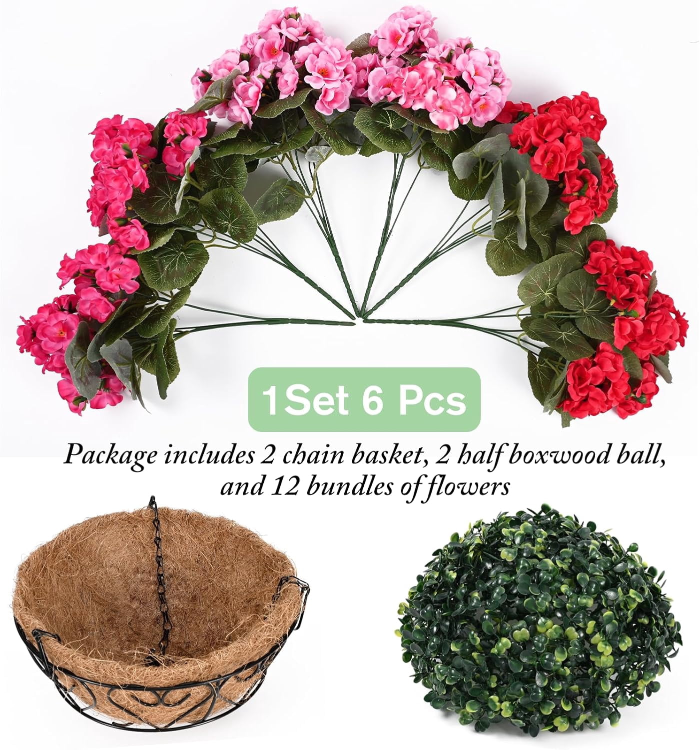 Waipfaru 2 Pack Artificial Geraniums Hanging Basket,UV Resistant Faux Silk Flowers for Outdoors,Realistic Fake Hanging Plants for Home Garden Decor