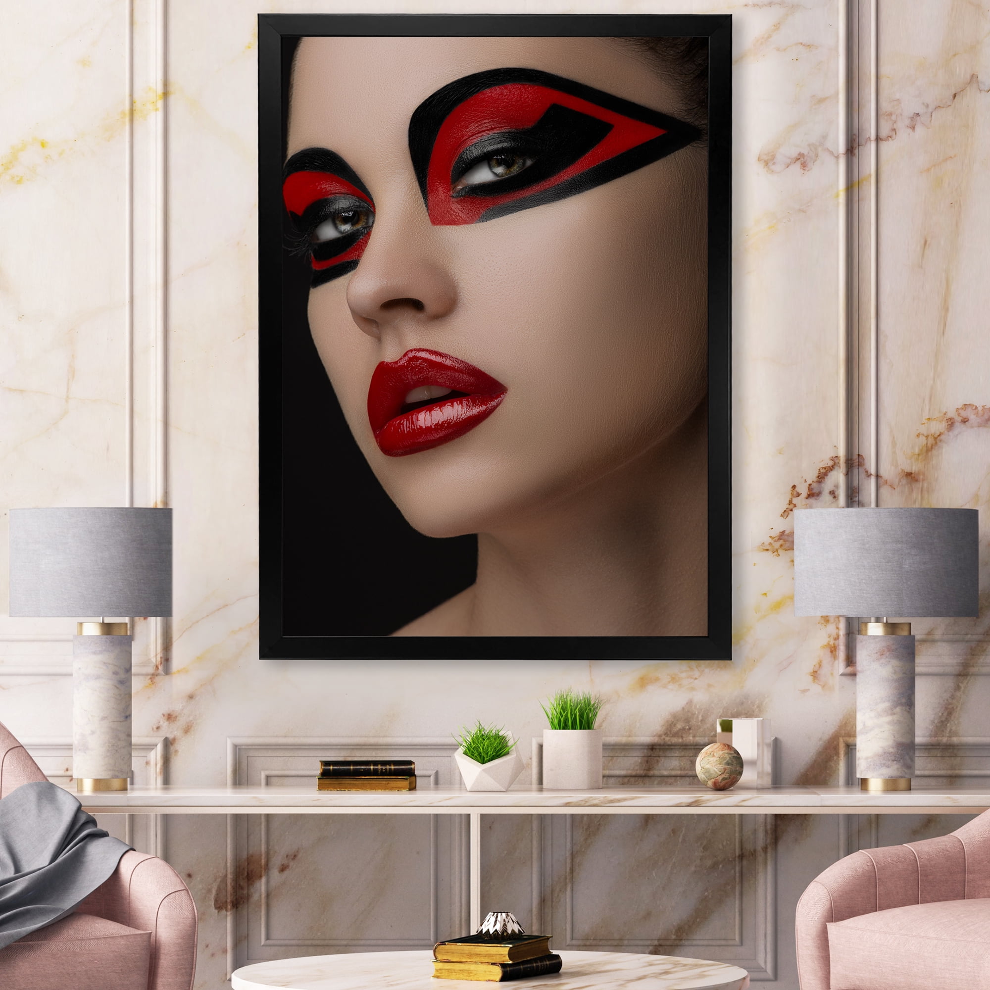 Designart 'Red Lips Black Makeup On The Eyes of Mask Girl' Modern Framed Art Print