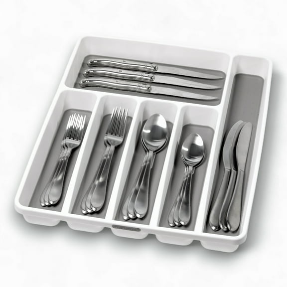 madesmart Large Silverware Tray, 6-Compartment Kitchen Drawer Organizer, Soft-Grip Lining, Non-Slip Rubber Feet, BPA-Free, White
