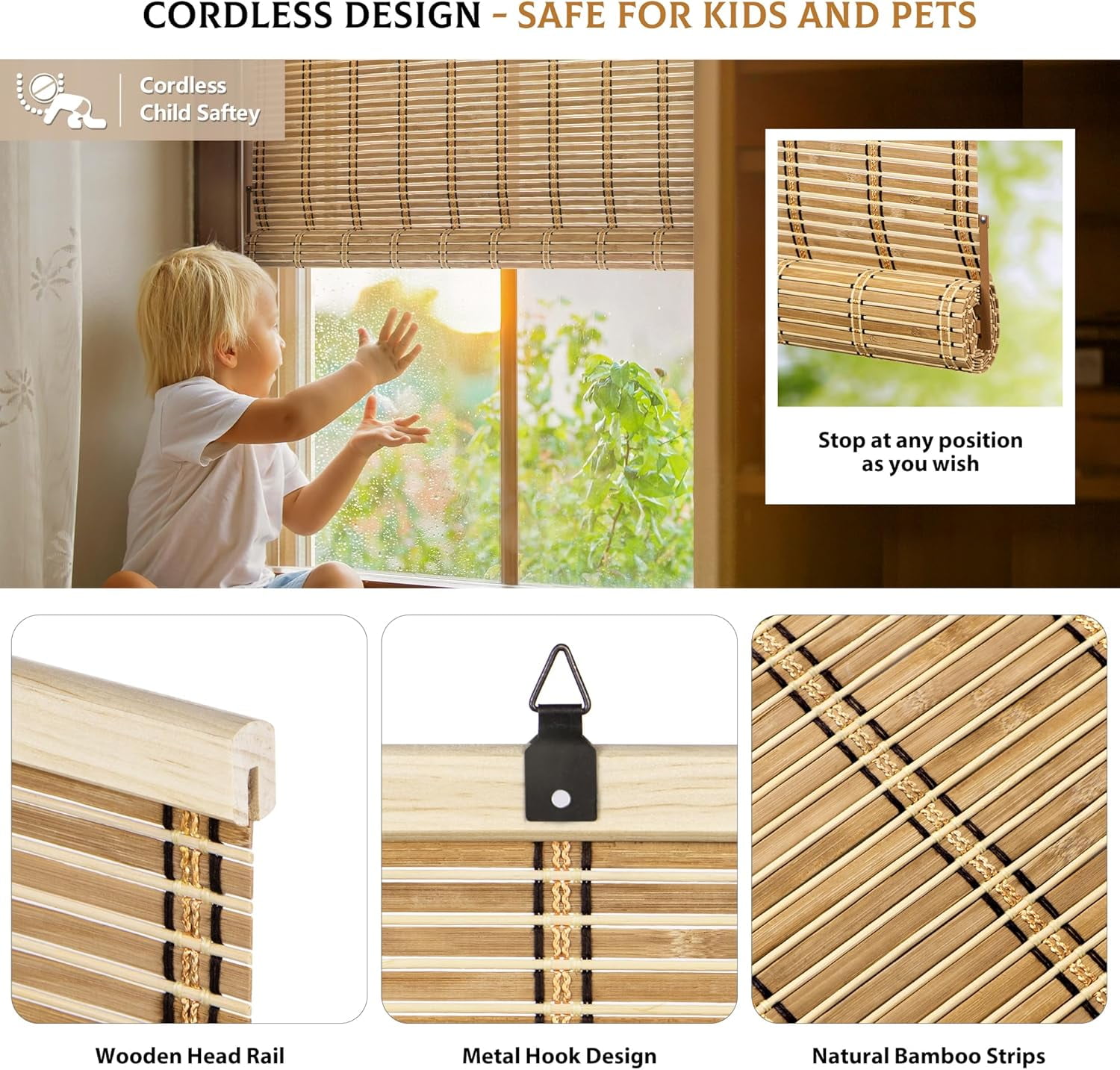 LazBlinds Cordless Bamboo Blinds, Bamboo Roll Up Shades for Windows, Light Filtering Hanging Window Blinds, Bamboo Shades for Patio Indoor/Outdoor Porch, 29'' W x 72'' H, Natural