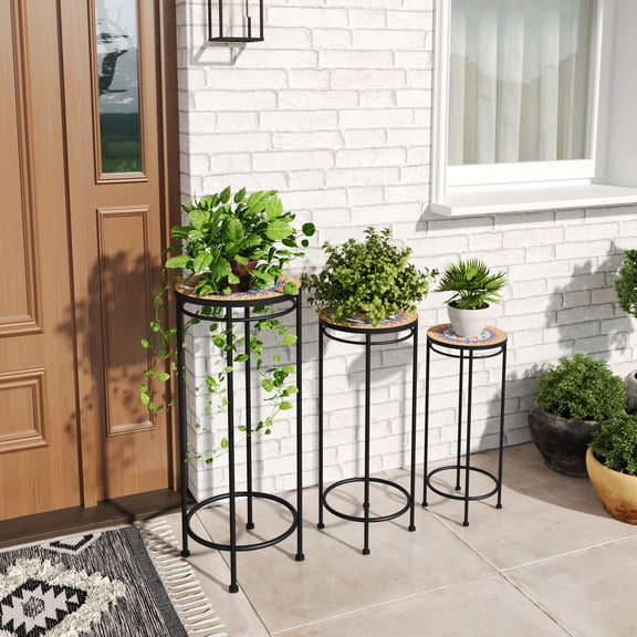 Harriet Mosaic 3 Piece Outdoor Patio Plant Stands Set, Ceramic Tile Top,  Metal Frame, Black Red