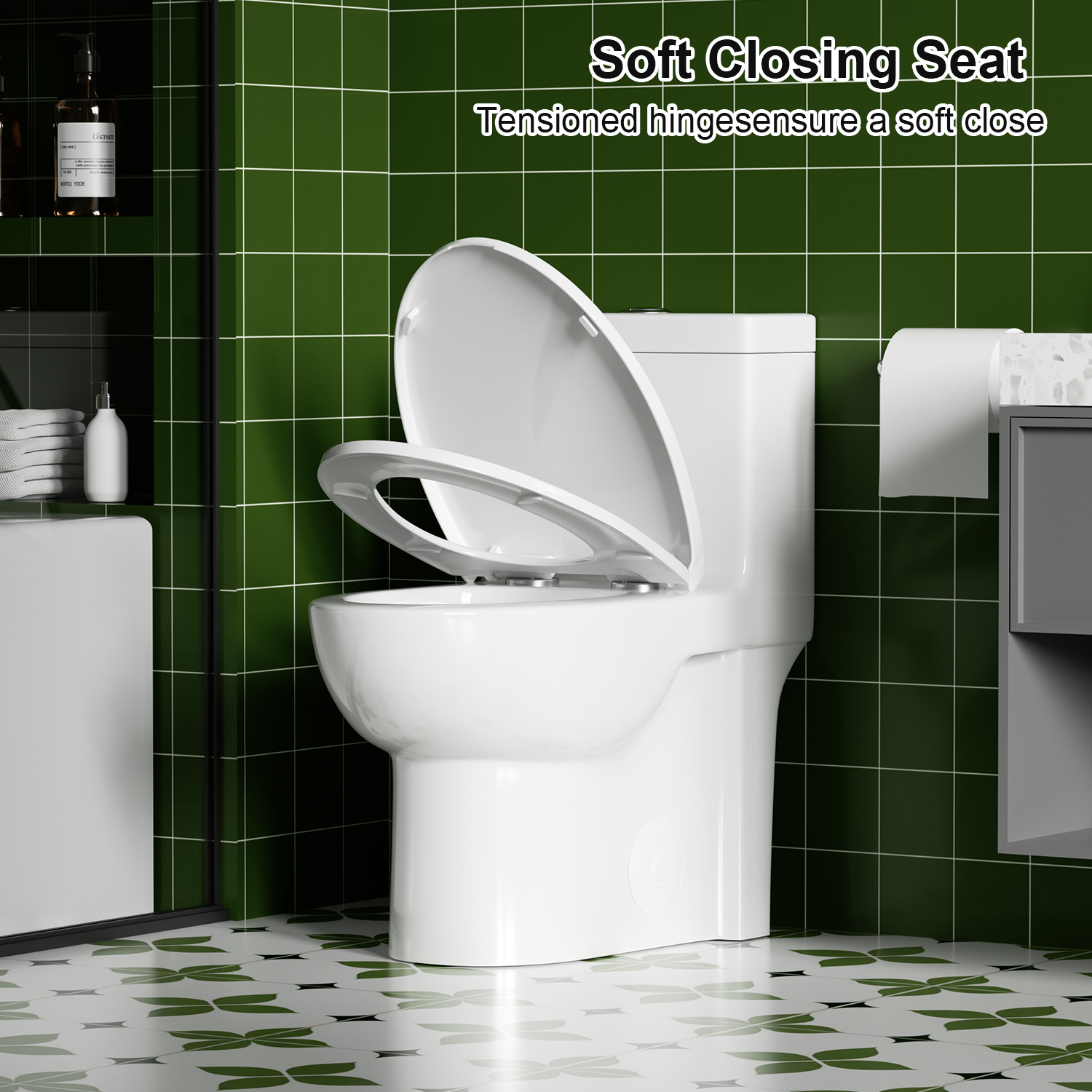 One Piece Elongated Toilet,1.1/1.6 GPF,Button on the Tank top,Soft Closing Seat,White 02