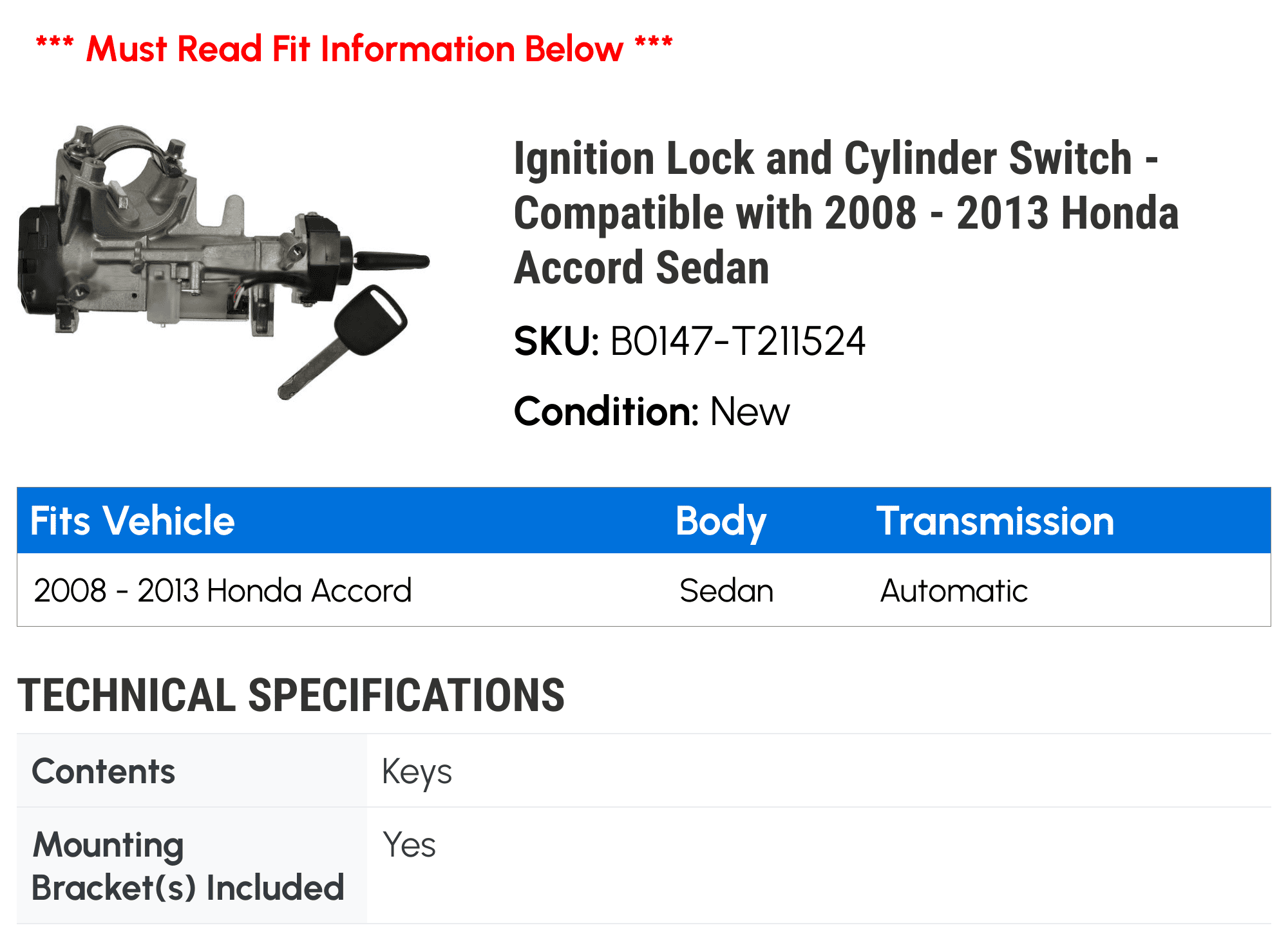 Ignition Lock and Cylinder Switch - Compatible with 2008 - 2013 Honda Accord Sedan 2009 2010 2011 2012