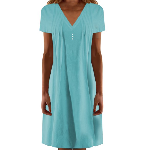 WILLBEST Robe Courte Femme Col en V Décontractée Plissée Boutonnée Couleur Unie Manches Courtes