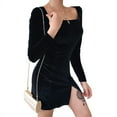 thumbnail image 6 of Women Velvet Bodycon Dress Long Sleeve Square Neckline Split Design Flannel Feece Cheongsam Retro Dresses, 6 of 9