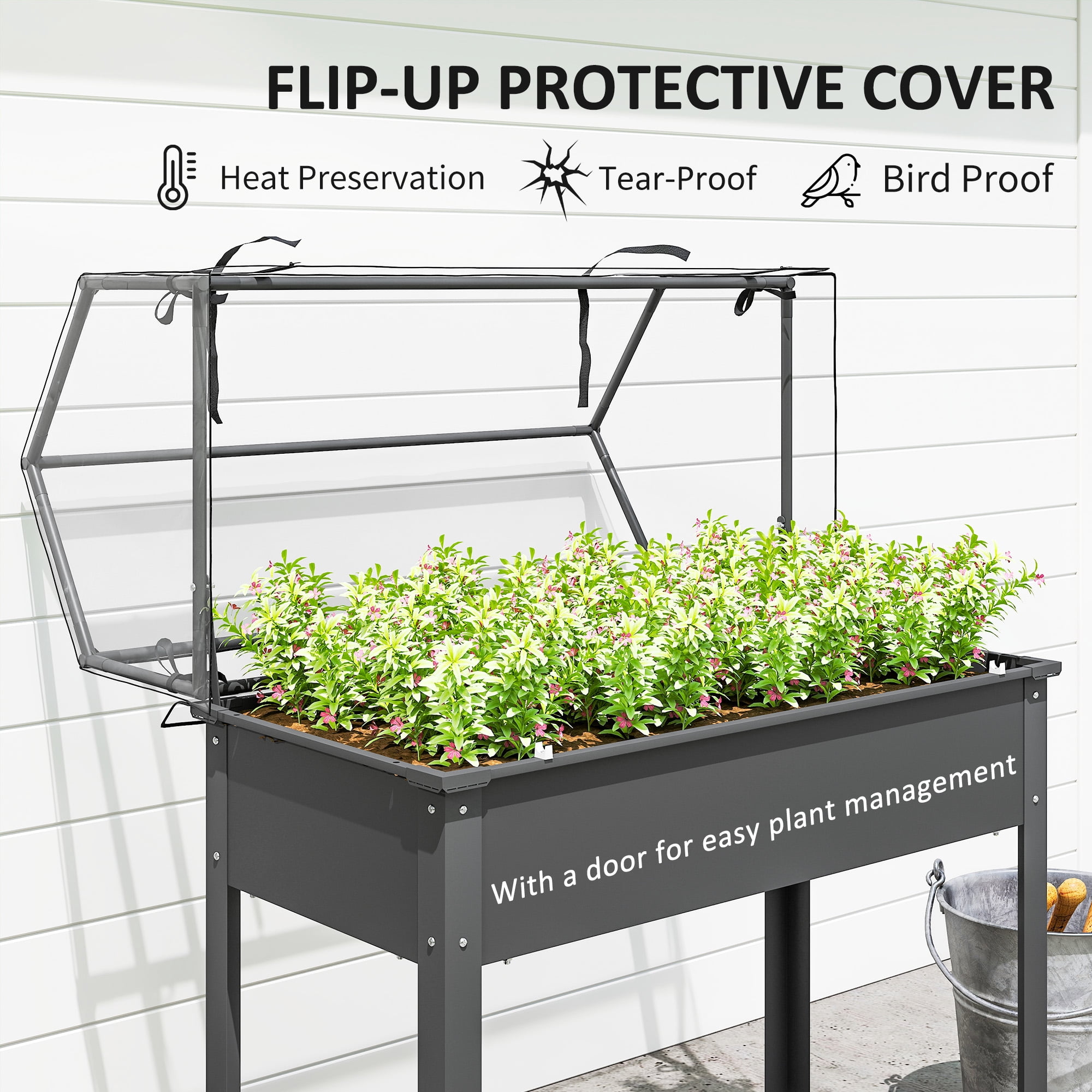 Outsunny Raised Garden Bed with Greenhouse Cover, Elevated Garden Box with Legs and Drainage Hole for Vegetables, Dark Gray