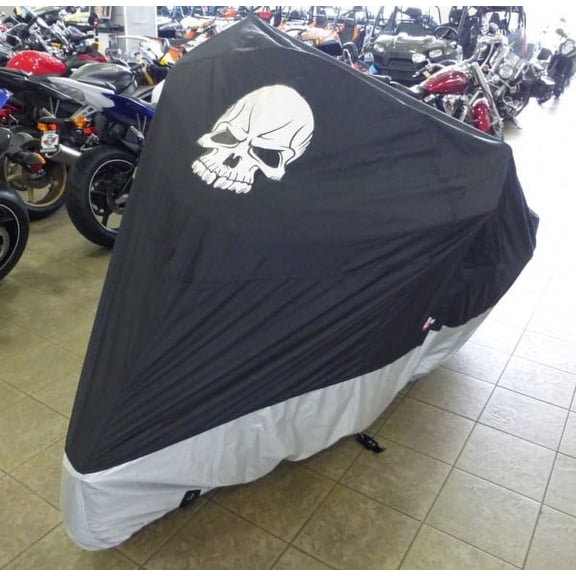 Covered Living Deluxe all season Motorcycle cover SKULL logo in Black. Fits up to 108" length Large cruiser, Touring, Chopper