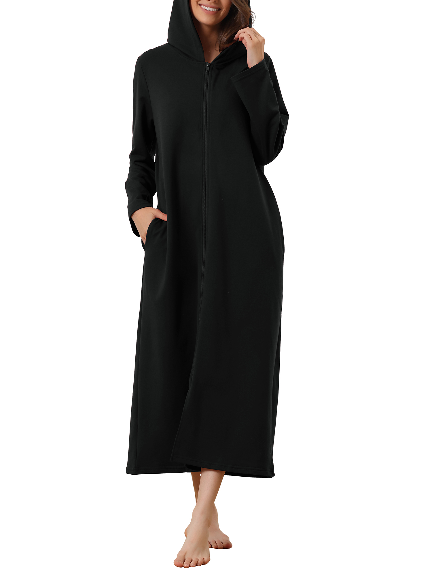 Unique Bargains Womens Robe Zip up Hooded House Dress Nightshirt Hoodie Long Bathrobe XL Black
