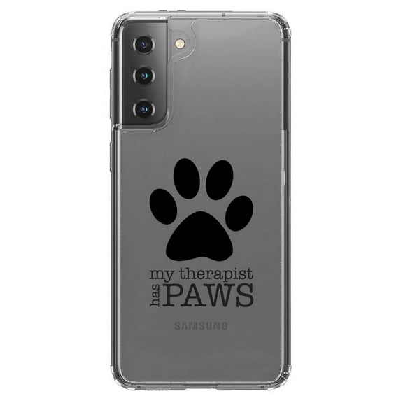 DistinctInk Clear Shockproof Hybrid Case for Galaxy S21  PLUS 5G (6.7" Screen) - TPU Bumper Acrylic Back Tempered Glass Screen Protector - My Therapist Has Paws
