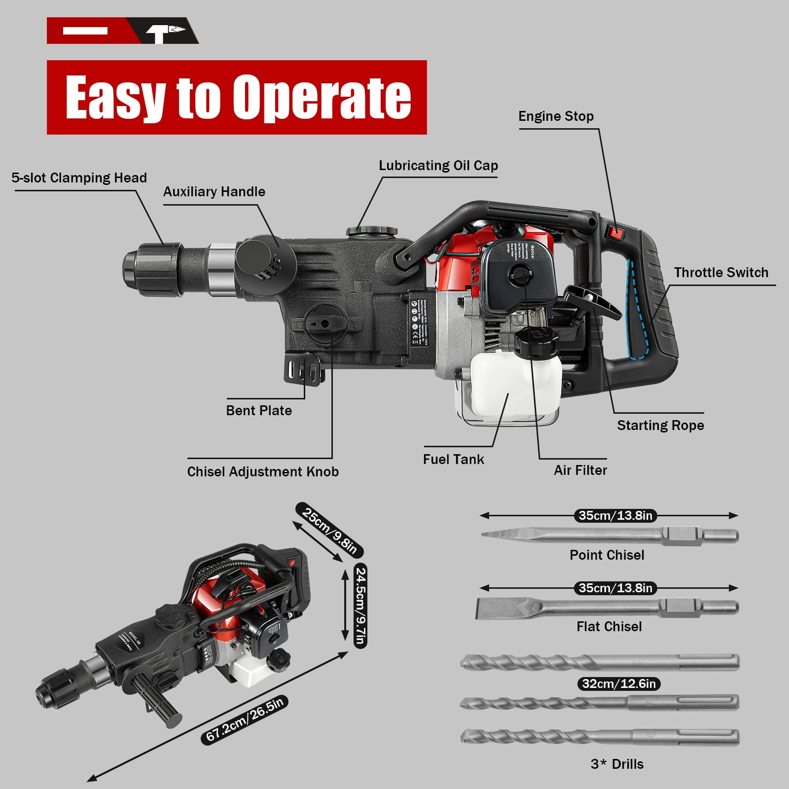 33CC 2-Stroke Gas Hammer Drill, 30J 1000W 3-in-1 Cordless Demolition Tool, for Concrete Brick Rock
