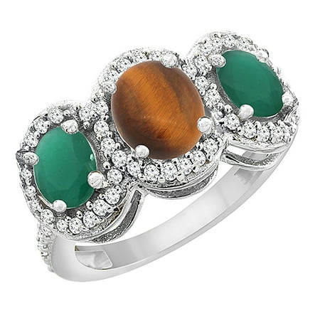 Oval Tigers Eye Cabochon Ring - 14K White Gold Natural Tiger Eye & Cabochon Emerald 3-Stone Ring Oval Diamond Accent, size 5