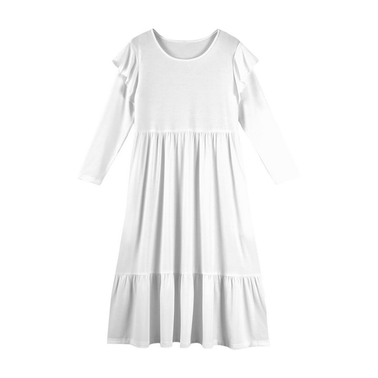 Abcomgle Girls Maxi Dresses 7-16 A-Line Ruffle Long Sleeve Girls Long  Dresses Solid Color Crew Neck Sundresses Boho Tiered Dresses with Pockets, White - Walmart.com