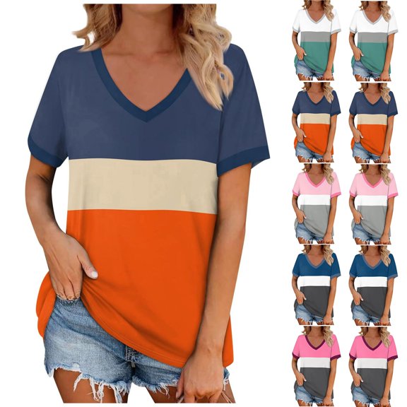 YHAJDS Womens T Shirts Trendy Summer Short Sleeve V Neck Print Tee Casual Blouse for Women