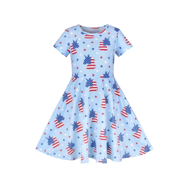 Robe Fille Bleue Unicorn Étoile Drapeau 4 Juillet Fête Nationale Manches Courtes 5 Ans
