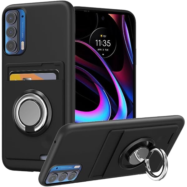 wonima11 Compatible with Motorola Moto Edge 2021 / Edge 5G UW Phone Case with Card Holder & Ring Stand case for Motorola Moto Edge 2021 / Edge 5G UW Cover - Black