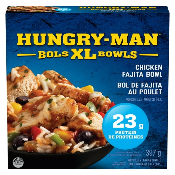 Hungry-Man XL Chicken Fajita Bowl, 397 g, A high in protein frozen meal with chicken breast and ranchero sauce on a bed of rice, topped with red and green bell peppers, corn, onions and black beans.