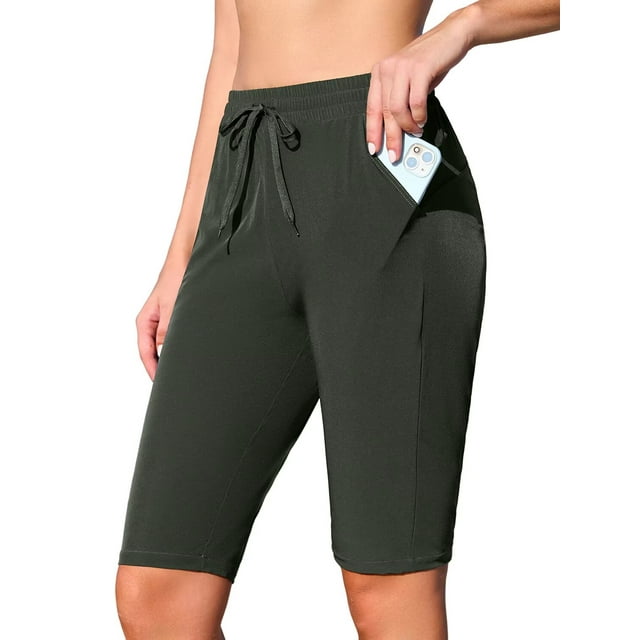 Charmo Knee-Length Swim Bottoms for Womens Drawstring Swim Capris Built-in Brief with Pockets