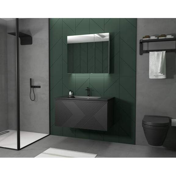 Moore 36 Inch Matte Black Wall Mount Vanity With A Integrated Black Sink