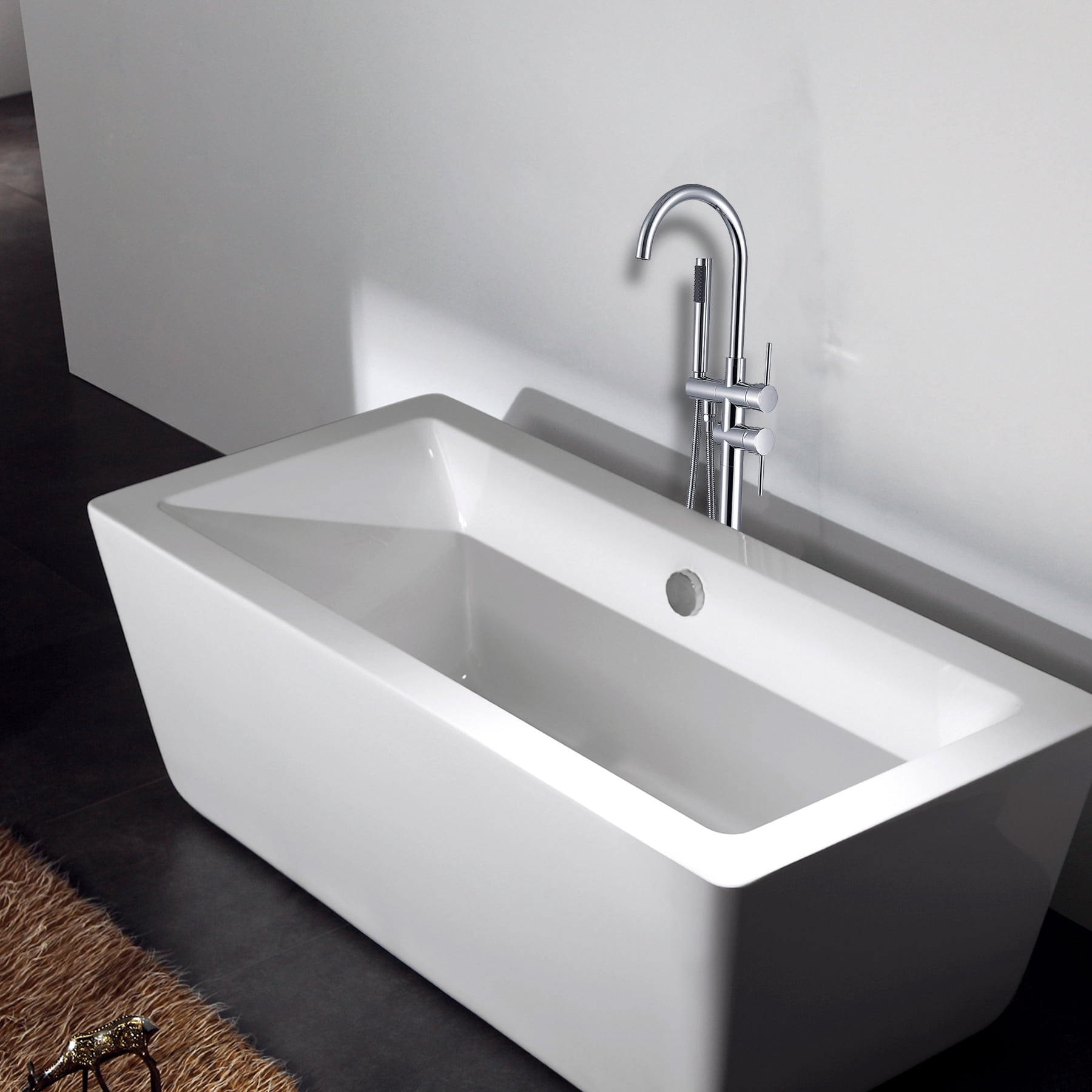 Freestanding Bathtub Faucet Floor Mount Tub Filler Single Handle Stainless Steel  Standing Bathtub Tap with Handheld Spray Swivel Right Angle Spout Brushed Nickel